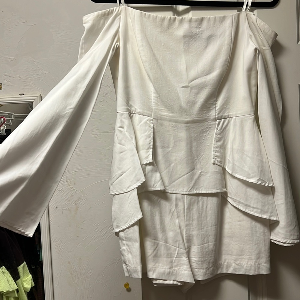 White off the shoulder long sleeve romper